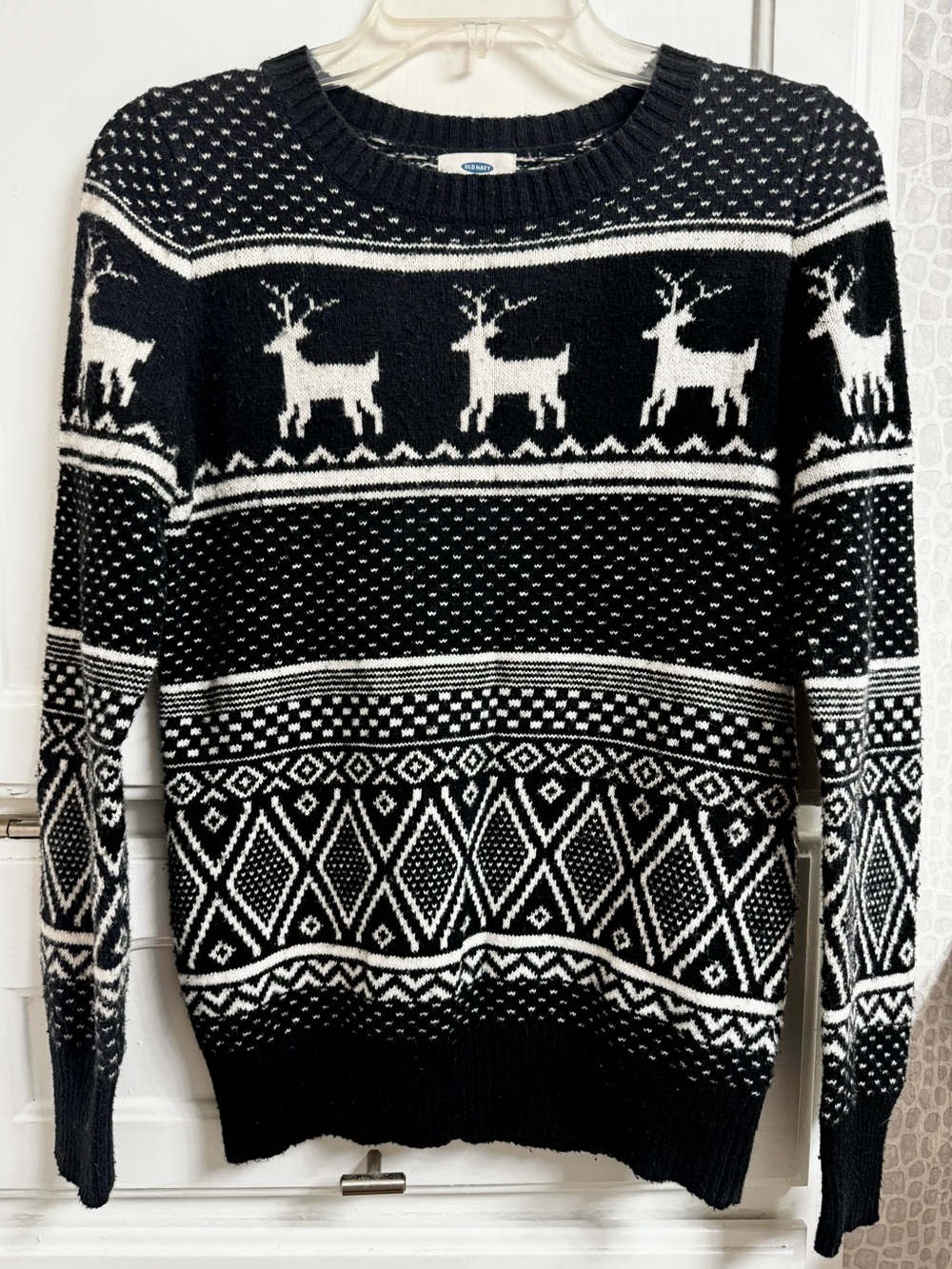 Old Navy Black and White Reindeer Fair Isle Crewneck Sweater - Women’s Small